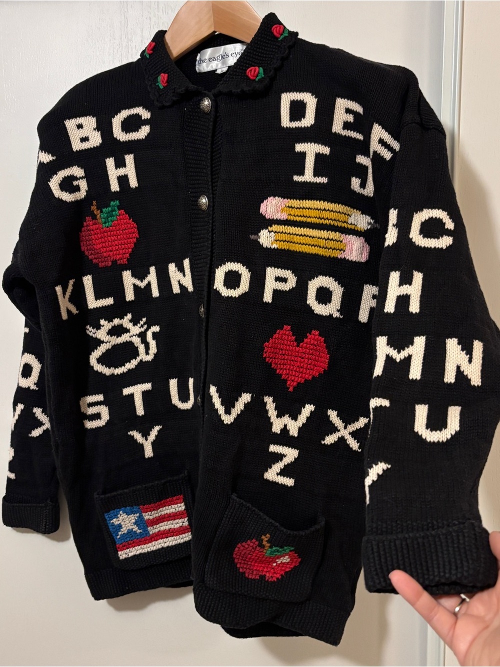 Vintage Cottagecore Black Alphabet Sweater Size S Novelty Teacher Cat Apple Knit